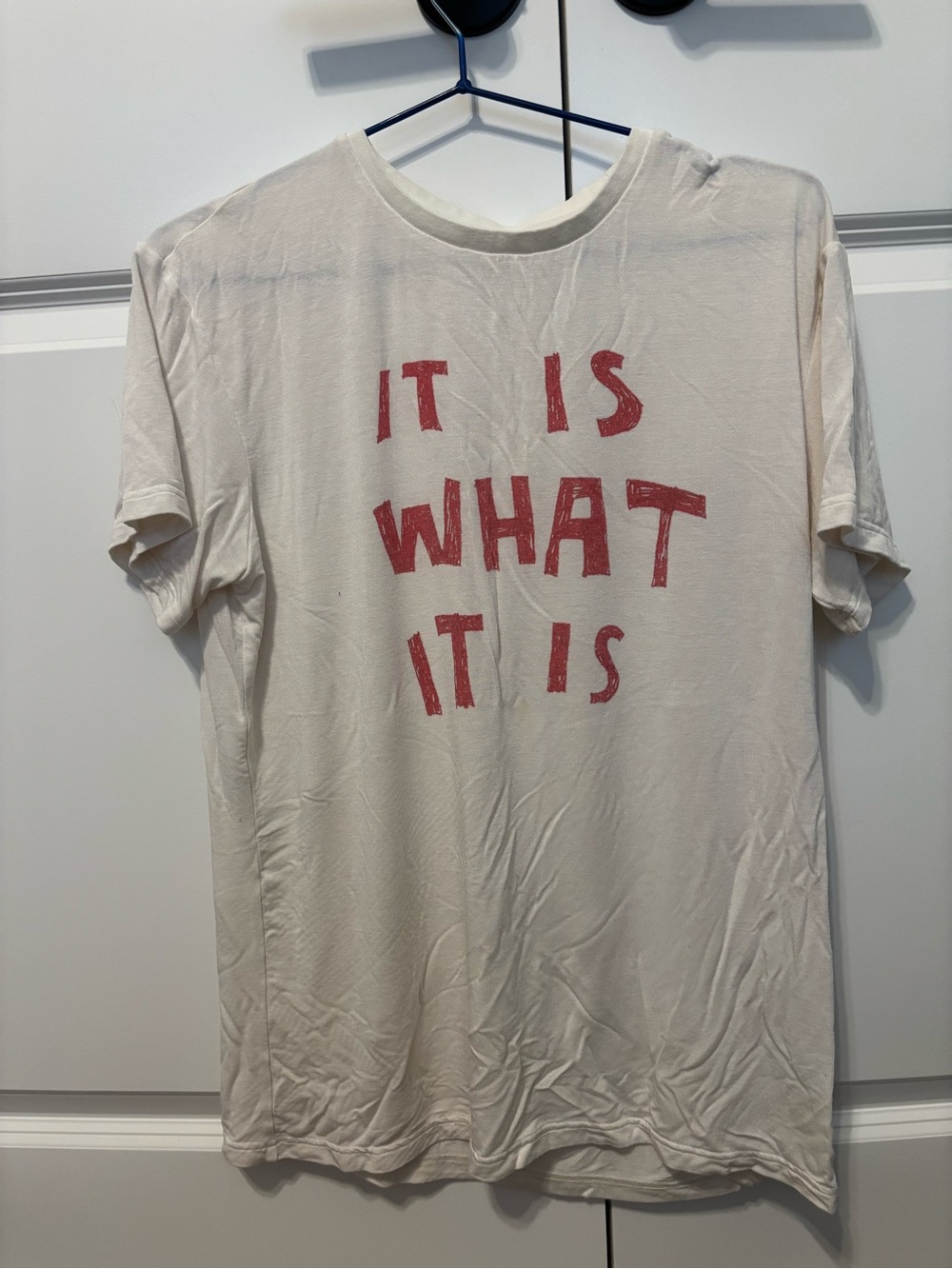 White Short Sleeve Graphic Tee with Red 'It Is What It Is' Print